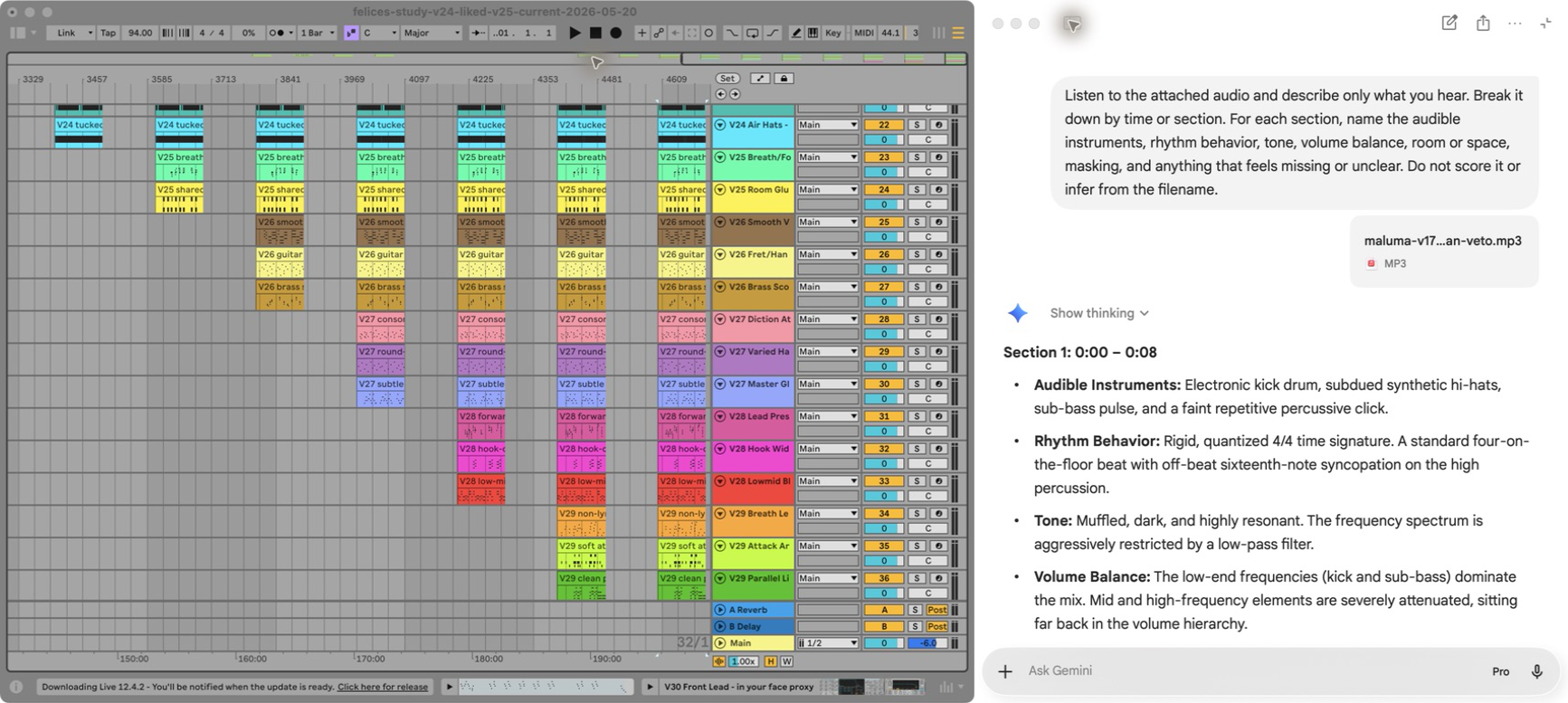 The complete saved Maluma study window in Ableton beside the complete native Gemini window analyzing the exported V17 MP3.